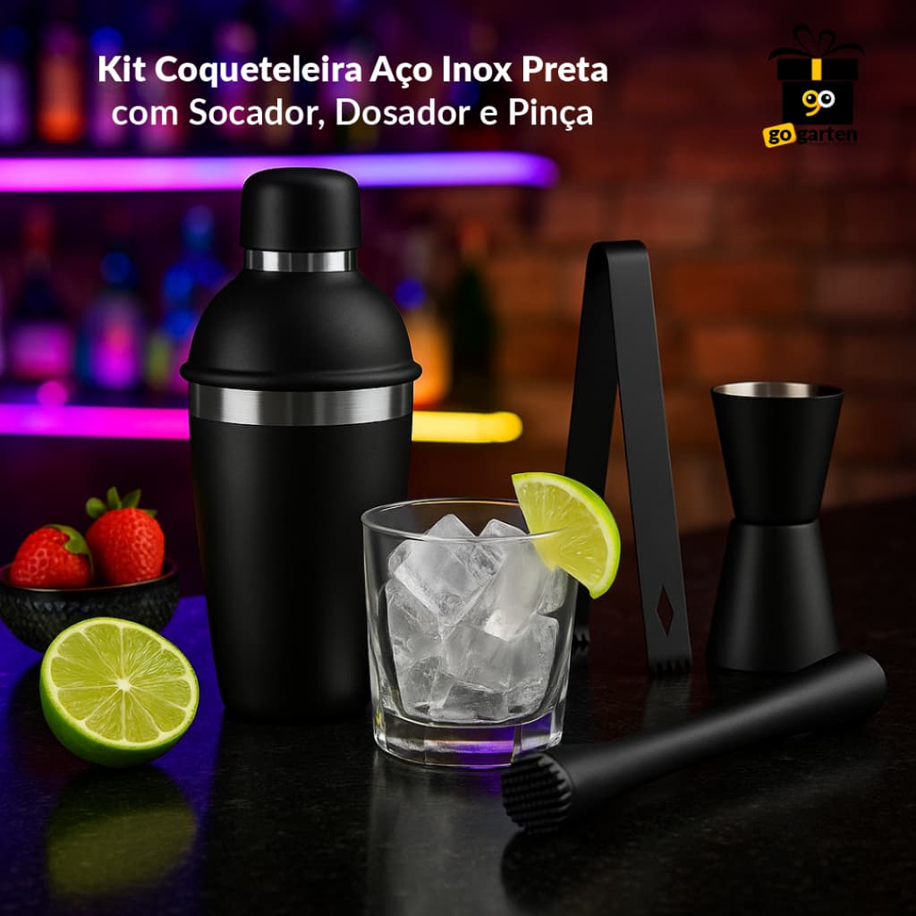 Kit Coqueteleira Aço Inox Preta com Socador, Dosador e Pinça - Shakeira