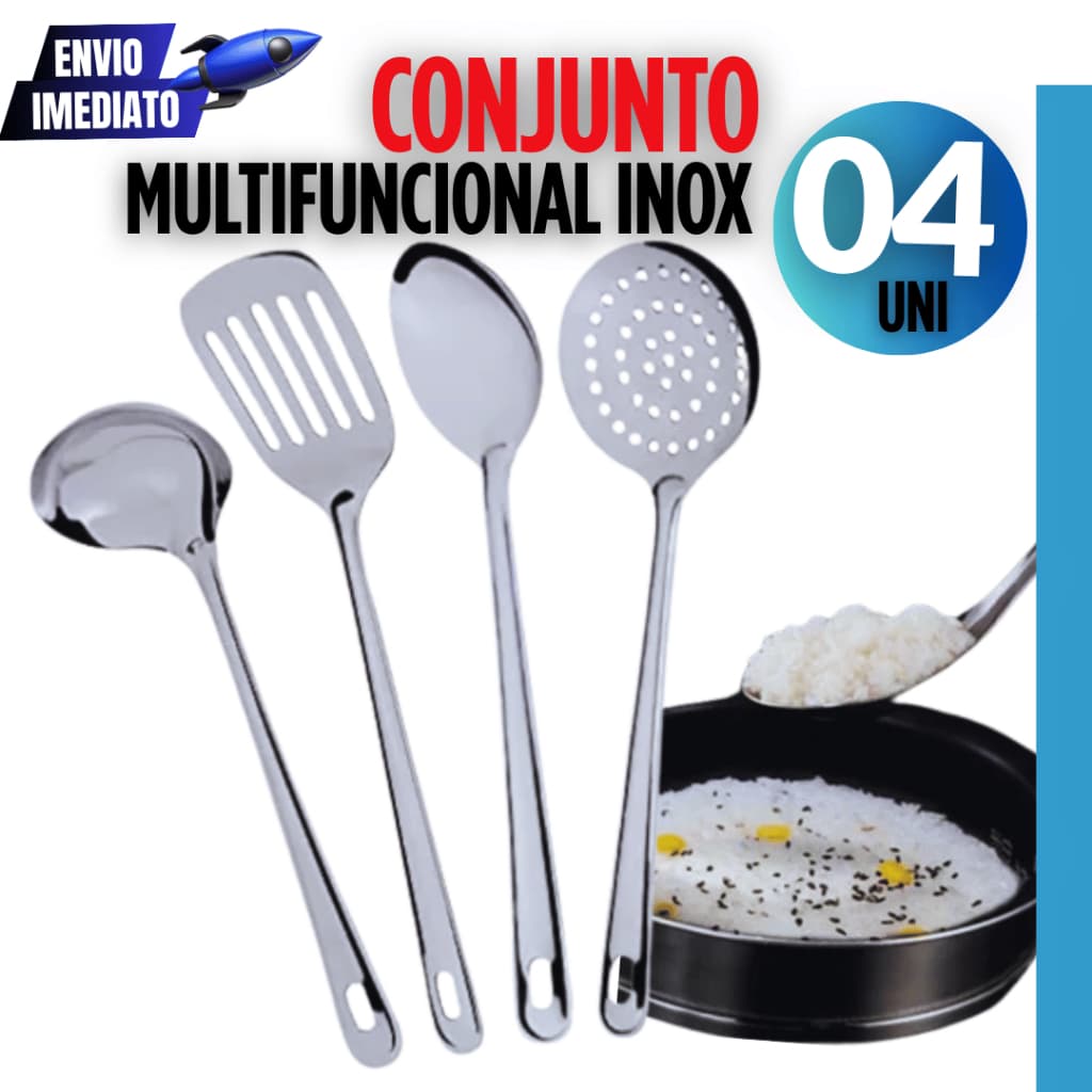 Kit 4 Utensílios em Inox Concha Escumadeira Colher de Arroz Espátula Vazada Cozinha Restaurante Casa Bar Variáveis