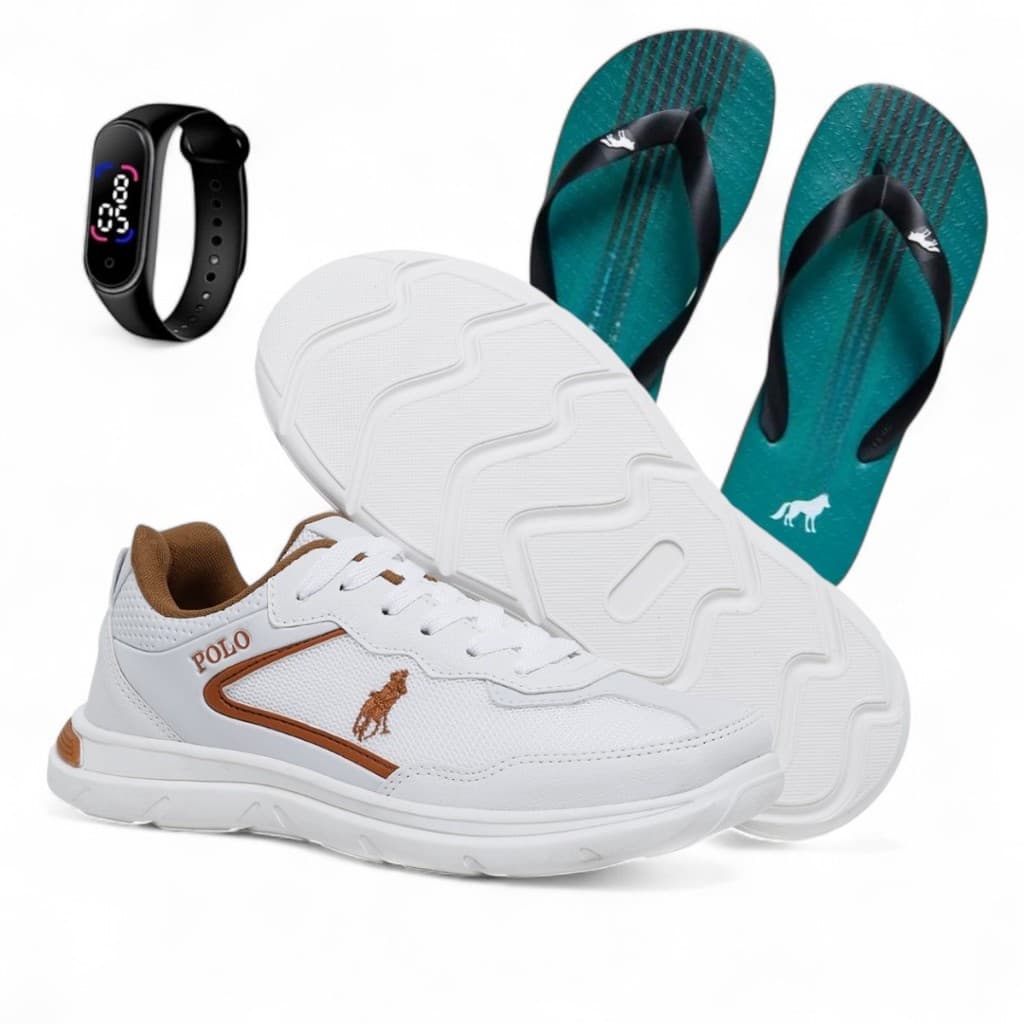 Kit Tênis Masculino Polo Casual Gold Conforto Estilo e Leveza + Chinelo + Relógio Digital no Seu Dia a Dia