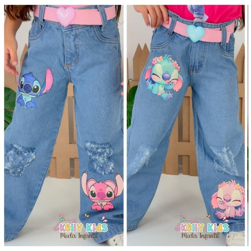 Calça jeans infantil com Cinto Wide Leg Minnie e Margarida
