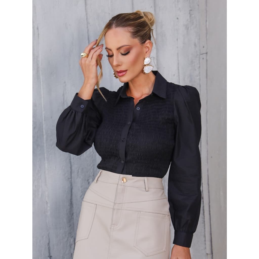 Camisa para mulheres de Manga Longa Cropped Elegante Latex Camisa branco Camisa Social bortao