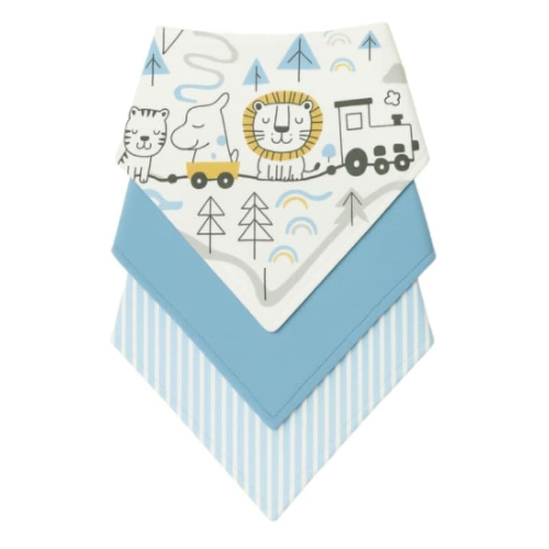 Kit com 3 Babador Bandana de Bebê 100% Algodão Bichinhos Azul