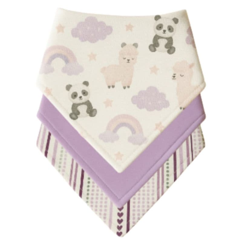 Kit com 3 Babador Bandana Bebê 100% Algodão Bichinhos Lilás