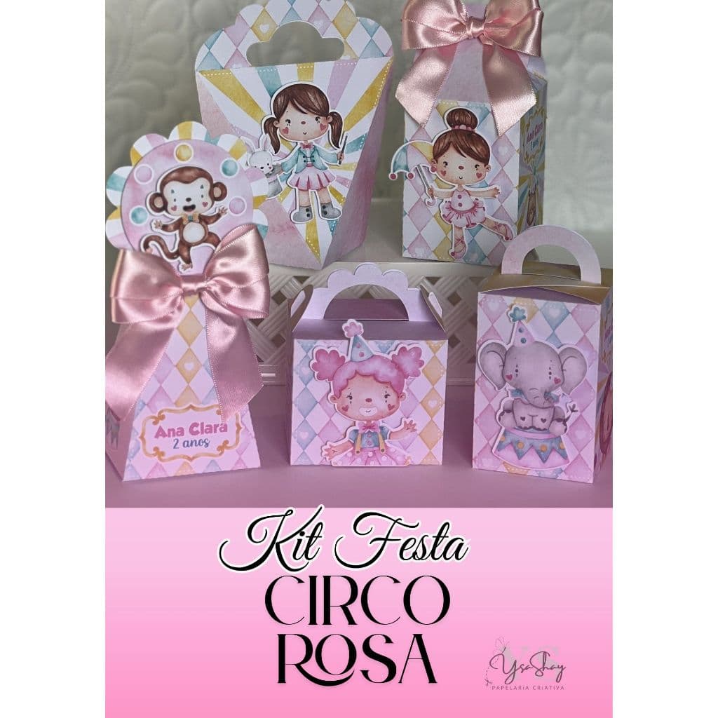 Caixinhas personalizadas/kit festa caixinhas personalizadas/Pegue e monte/Lembrancinhas/aniversário/CIRCO ROSA+Brinde