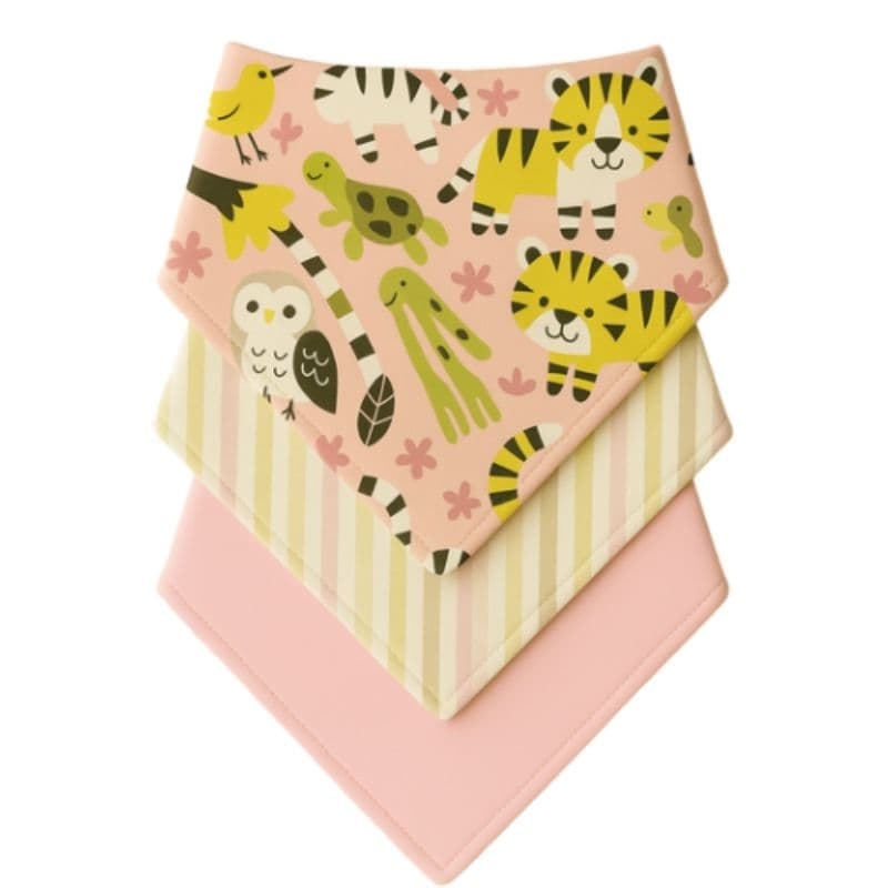 Kit com 3 Babador Bandana Bebê Menina 100% Algodão Bichinhos Rosa