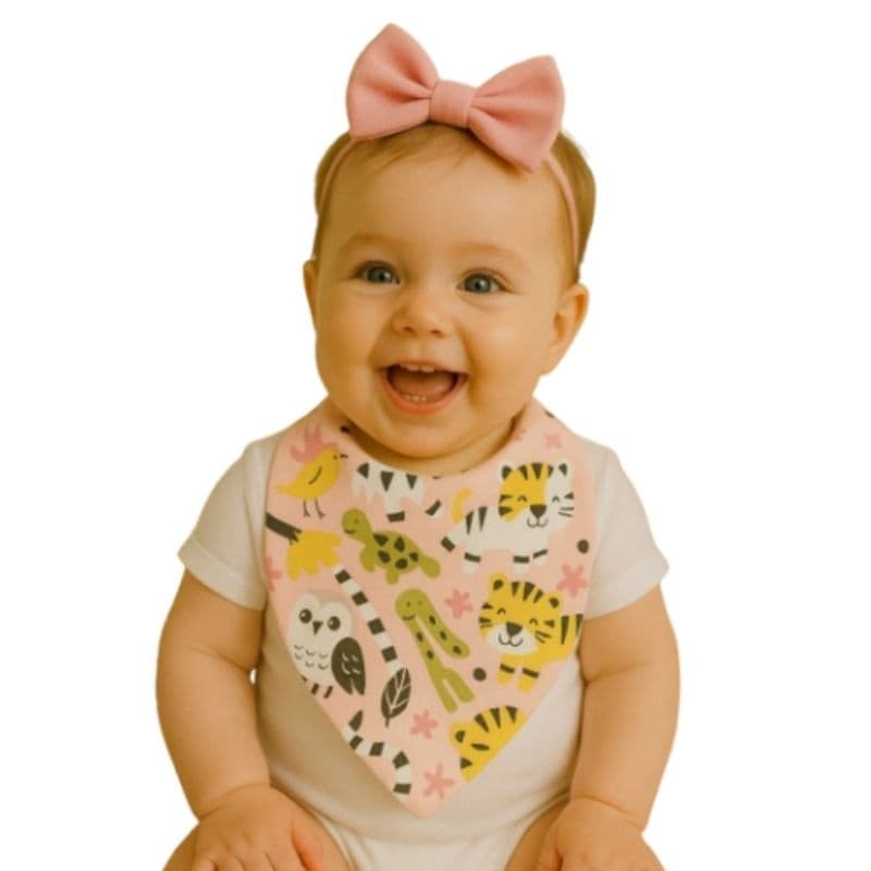 Kit com 3 Babador Bandana Bebê Menina 100% Algodão dia a dia alimentação Bichinhos Rosa