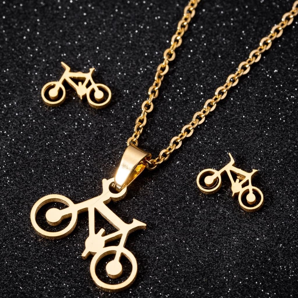 Colar e Brincos Bicicleta | Aço Inox | Não enferruja!! - Ciclismo Bike Corrente Ouro Prata - Feminino Pingente