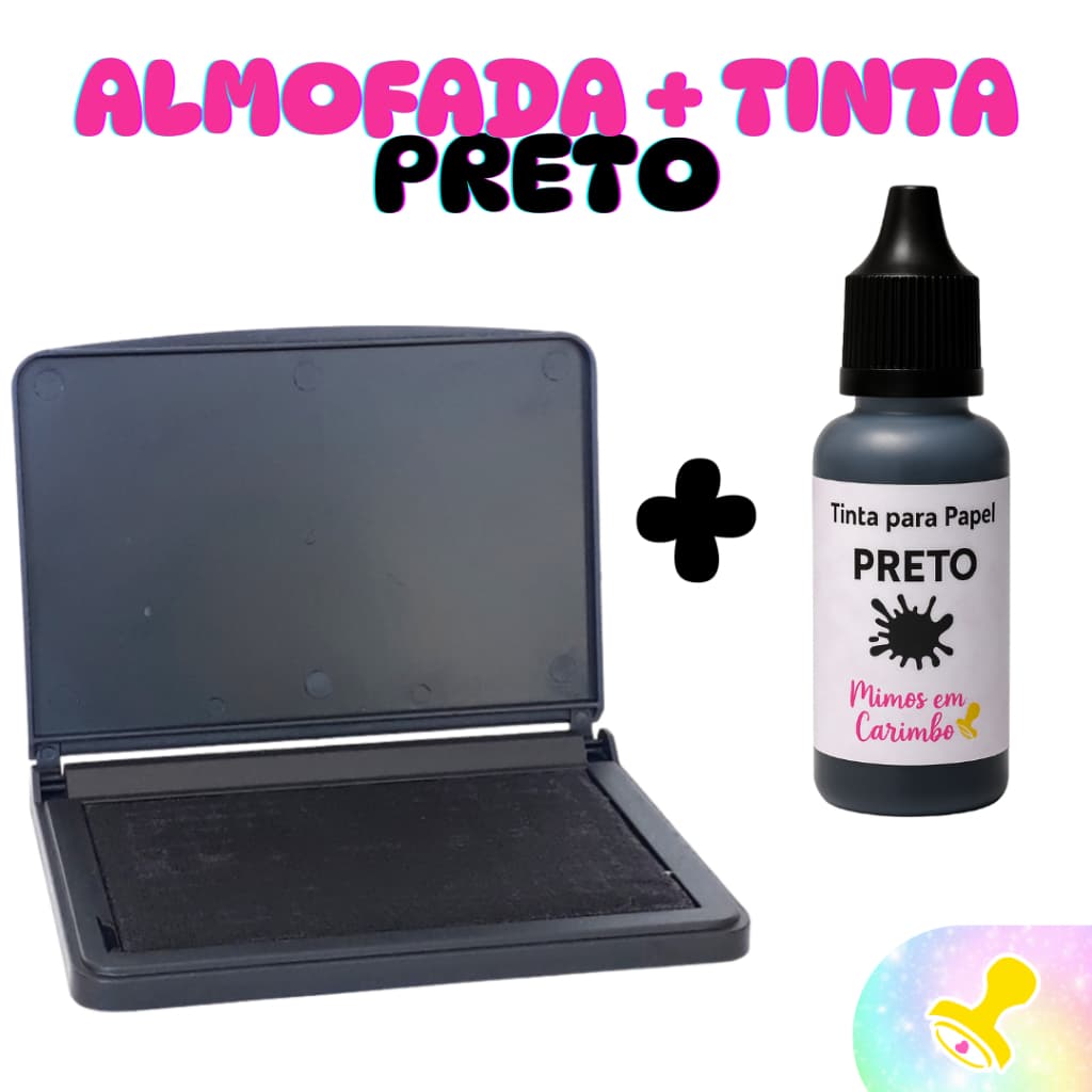 Almofada + tinta carimbo PRETA preto carimbeira carimbos madeira colorida