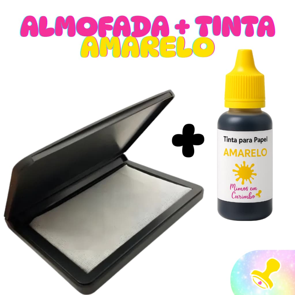 Almofada + tinta carimbo AMARELA carimbeira carimbos madeira colorida