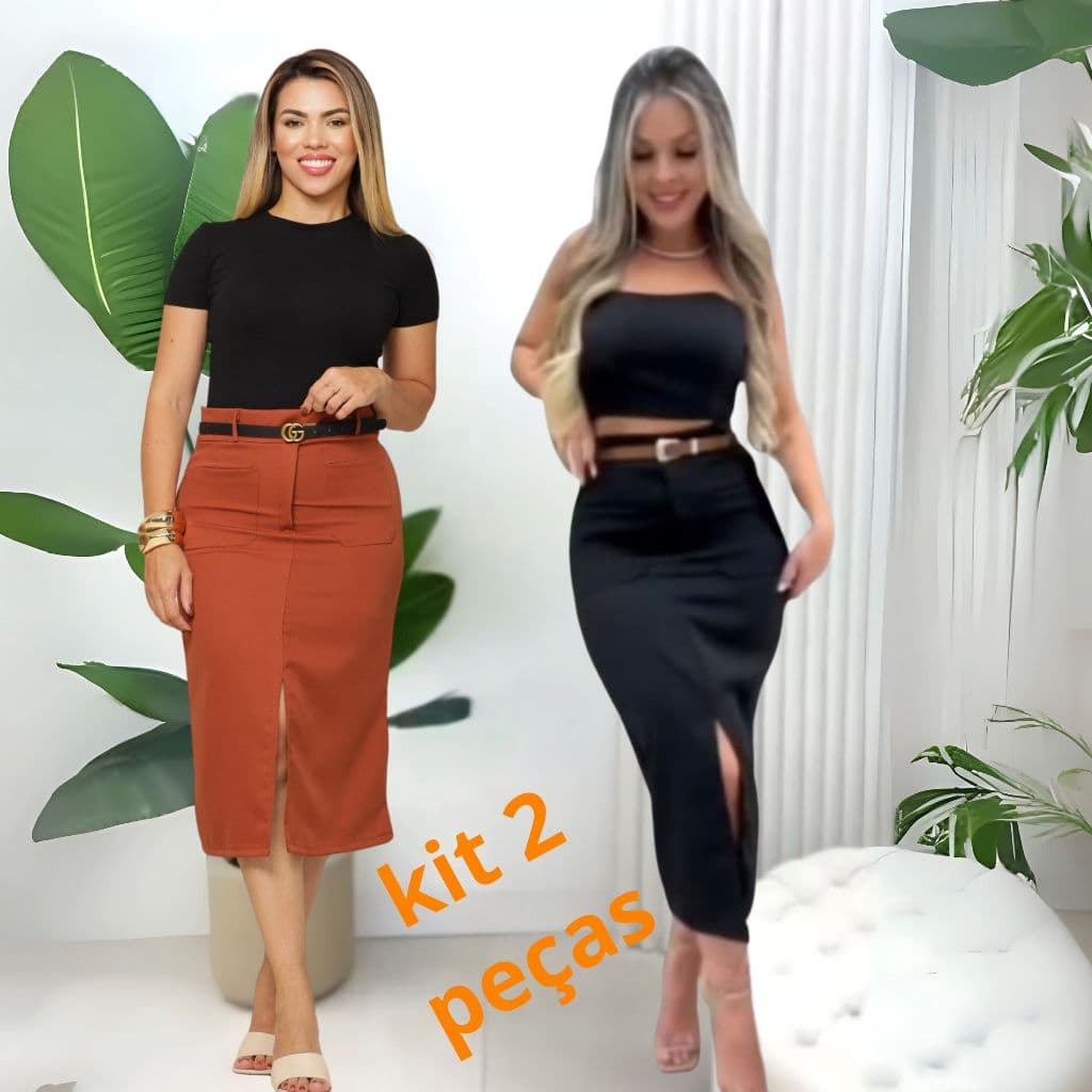 Saia Alfaiataria Longa kit 2 peças nas cores marrom e preta Evangélica Elegante Lisa com bolso