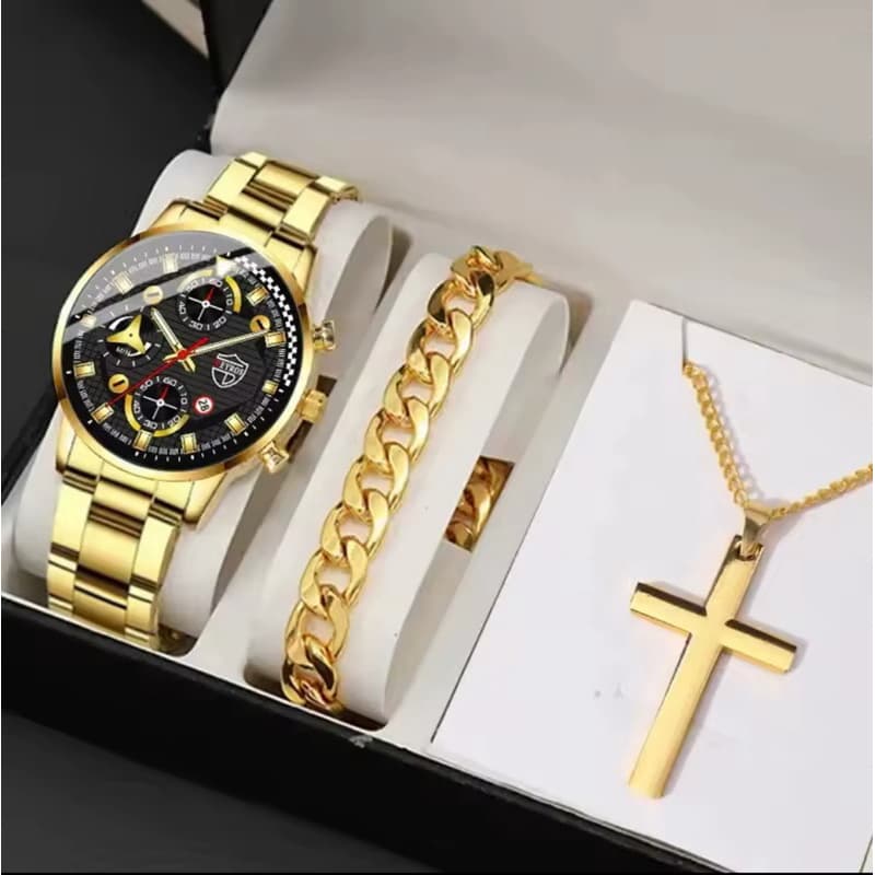 Kit de acessórios masculinos dourado com relógio, pulseira e correntinha