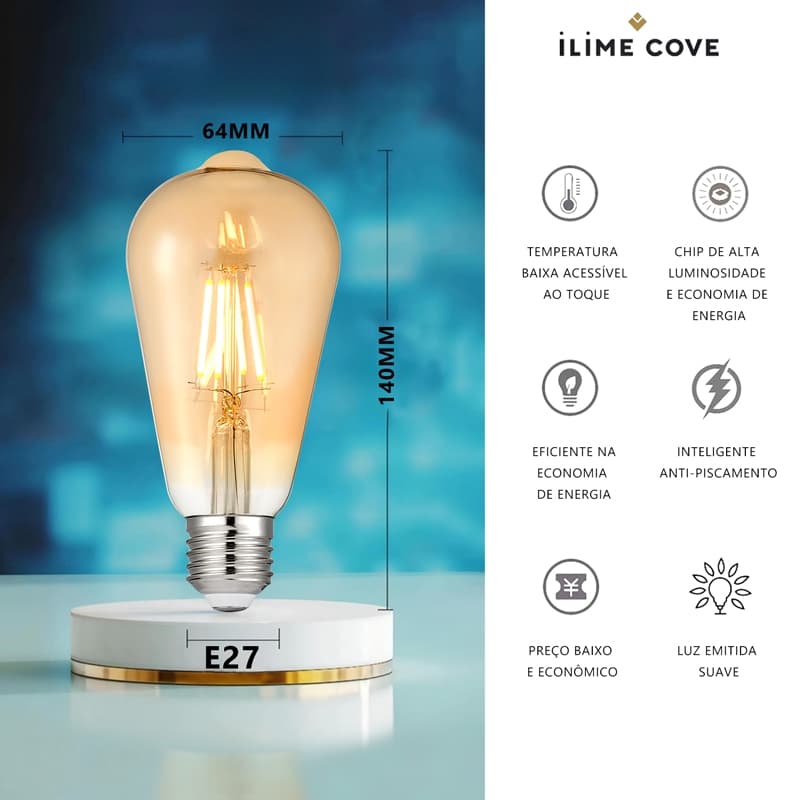 Lâmpadas LED Filamento Decorativa ST64 Retrô Vintage 4W Base E27 Bivolt 2200K AMARELO