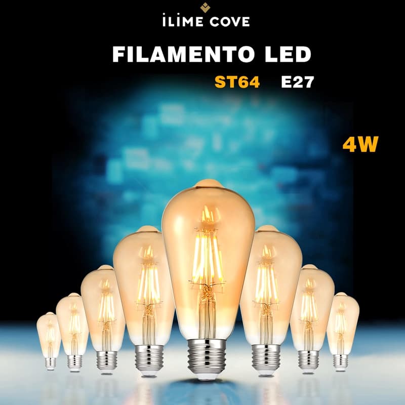 Kit 2 a 8 Lâmpadas LED Filamento Decorativa ST64 Retrô Vintage 4W Base E27 Bivolt 2200K AMARELO