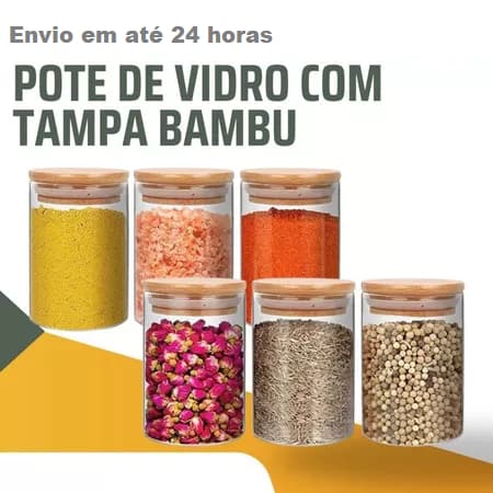 Kit 6 potes de vidro com tampa de bambu herméticos redondos 300ml