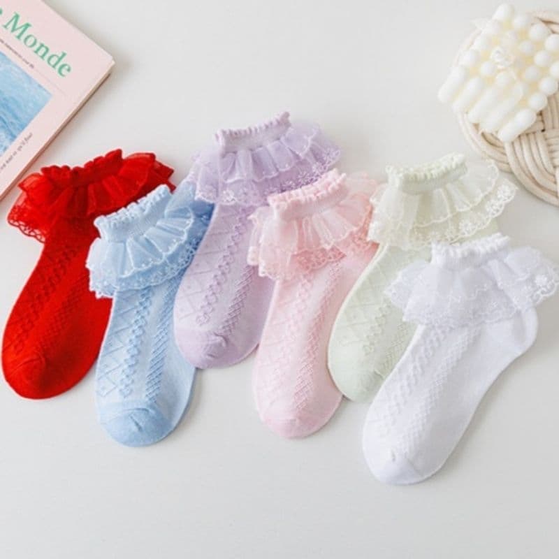 Meia infantil luxo babados de renda duplo, algodão meia estilosa