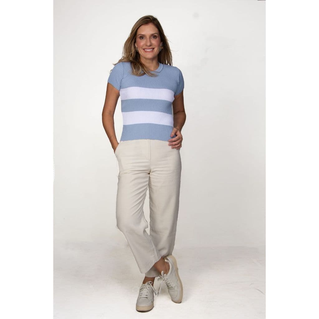 Blusa Modal Premium Manga Curta Listrada Camiseta Gola Redonda Básica