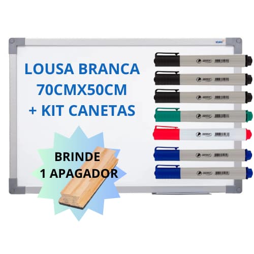 Lousa Quadro Branco 70cmx50cm + Kit 7 Canetas + Apagador Pinus