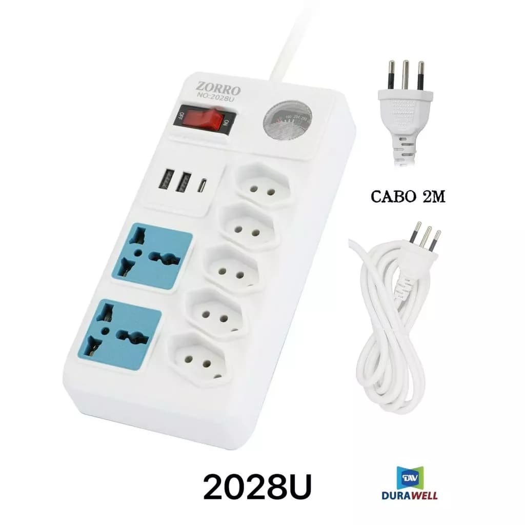 Régua Filtro de Linha 5 Tomadas Extensão Elétrica 2 Universal 2 USB Bivolt 10A 110v/220v Cabo 2M