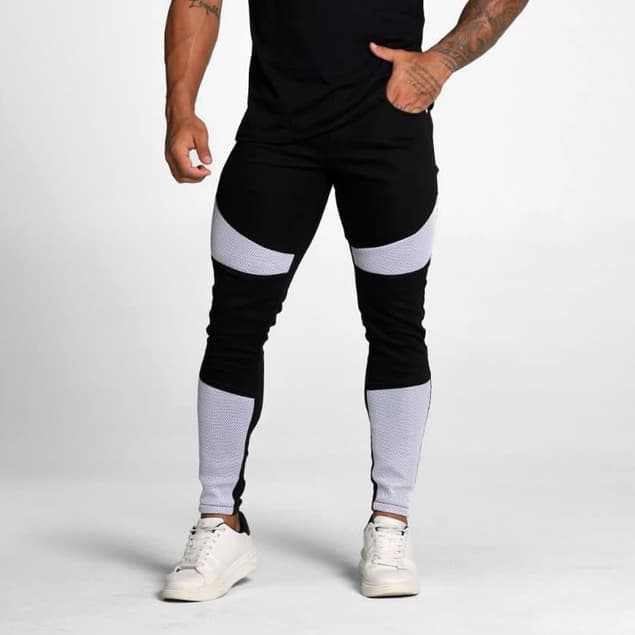Calça Bicolor Skinny Jeans Masculina Recortes Telinha Streetwear Calça Preta Botão Branco Codi Jeans