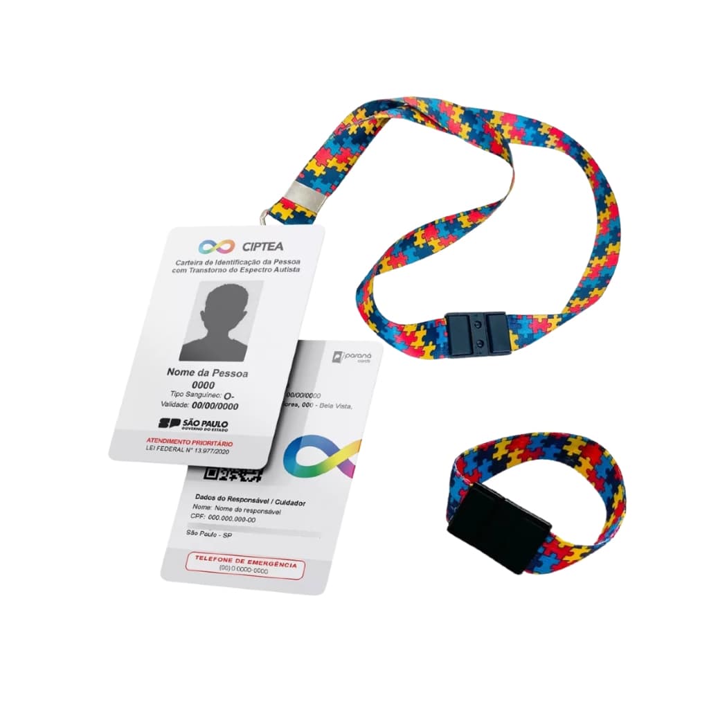 Kit Crachá Autismo PVC - Impressão CIPTEA + Cordão Personalizado + Porta Crachá + Pulseira TEA