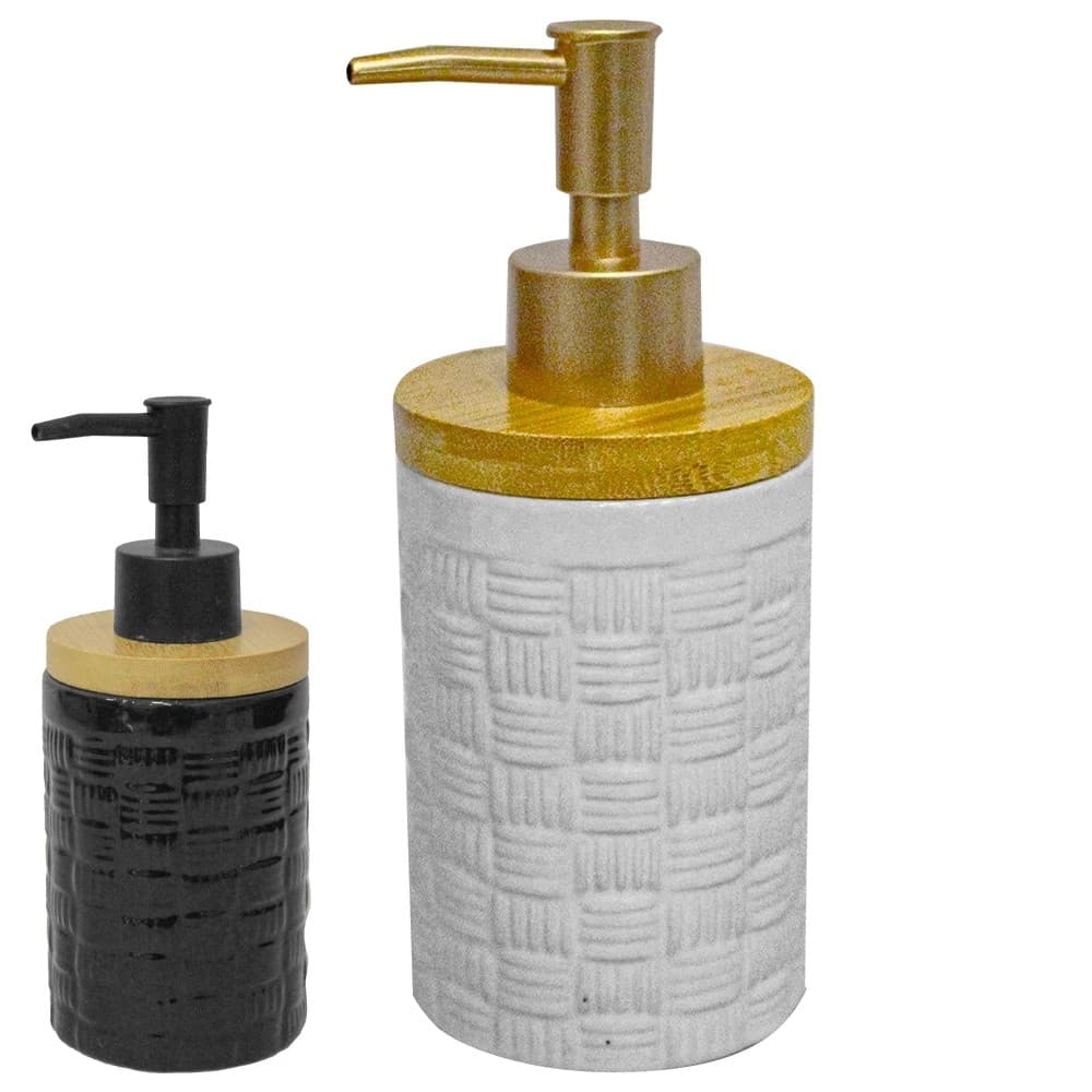 Porta Sabonete Líquido 290ml em Porcelana e Bambu