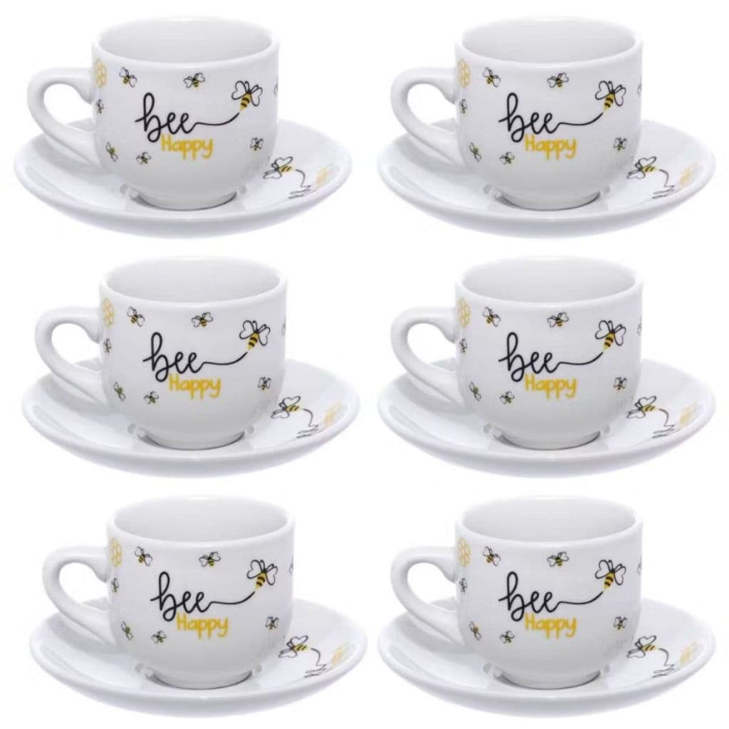 Xícara para Café Chá com Pires de Porcelana Abelha Bee Branca Honey
