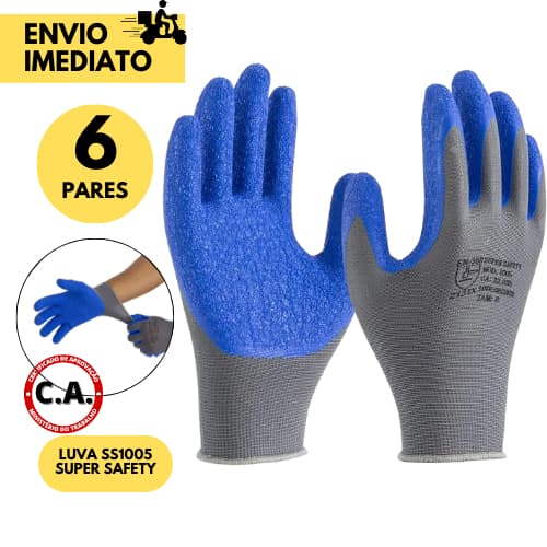 Kits 3 ou 6 Pares Luva de Proteção SuperSafety 1005 em Látex Ideal Obras Jardinagem  Serviços Gerais