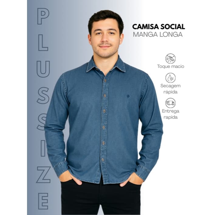Blusa Camisa Masculina Manga Longa Jeans Plus Size Extra Grande