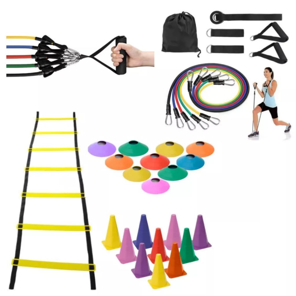 Kit Treino treino Funcional 1 Escada 10 Pratos 10 Cones Kit 11 Peças Elástico Extensor