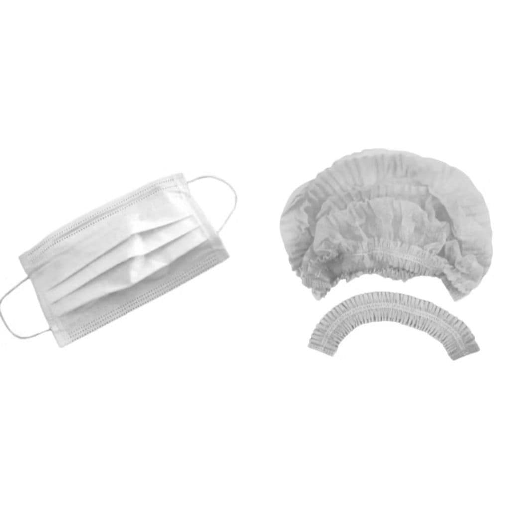 Kit Touca TNT Branca 100 UNIDADES + Máscara descartável Branca 150 UNIDADES