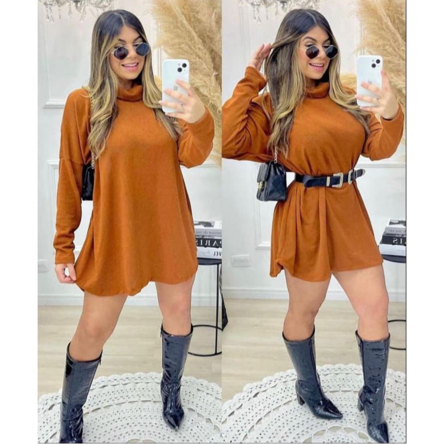 Vestido Feminino Manga Longa Gola Alta Lanzinha  Poncho Max Moda Outono Inverno
