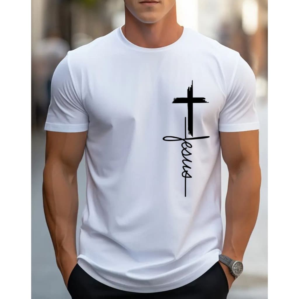 Camiseta T-shirt Masculina Estampada Casual Moderna Algodão 100% Estilo Religioso Jesus
