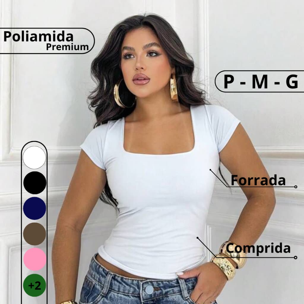 Blusa Feminina Básica De Poliamida Premium Com Decote Quadrado Com Manga Curta Moda Casual Versátil