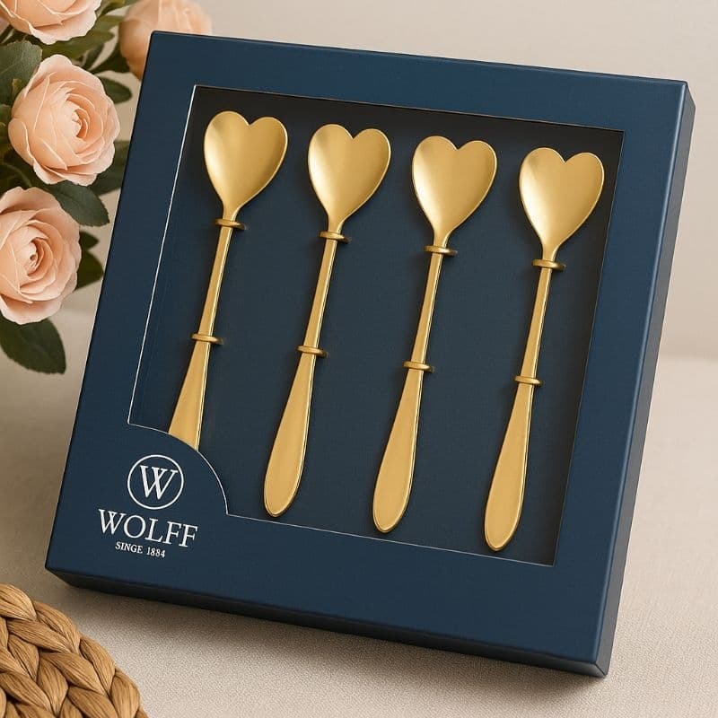 CONJUNTO 4 COLHERES CHA DE AÇO INOX HEART DOURADO WOLFF