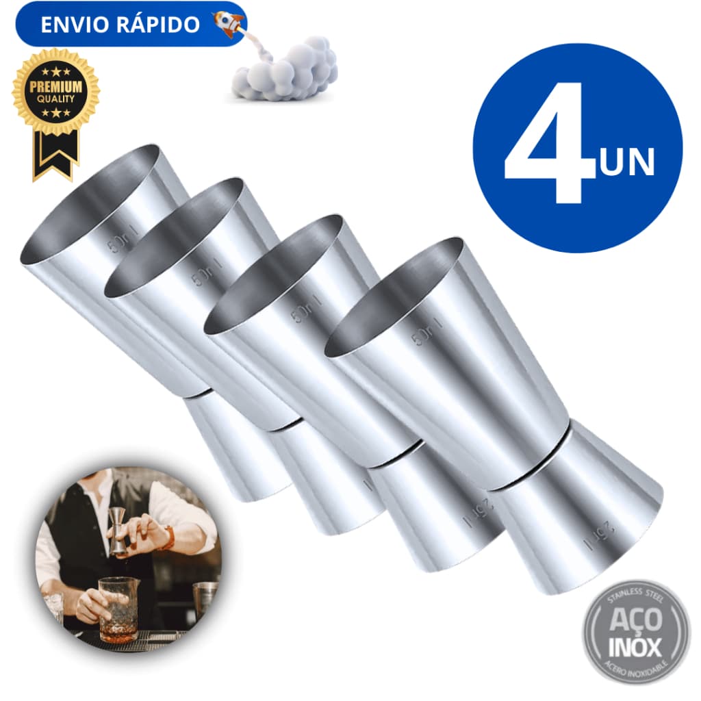 Kit Conjunto com 4 Dosadores Dosador De Bebidas Duplos Medidor Inox Premium Coquetel Drink Variáveis Utilidades
