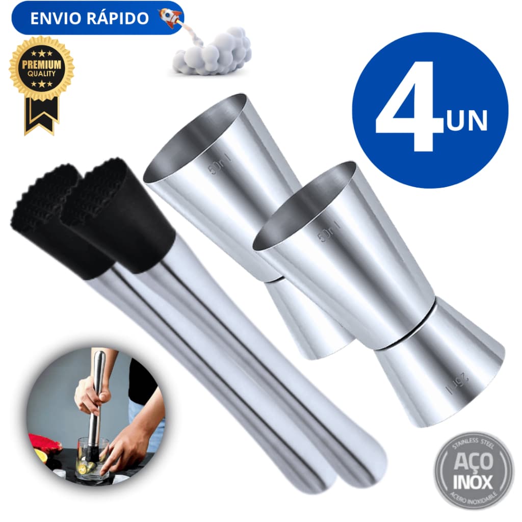 Kit 04 Unidades - 2 Socador Macerador De Caipirinha Aço Inox 21cm  + 2 Dosadores Dosador De Bebidas Duplos Medidor Inox