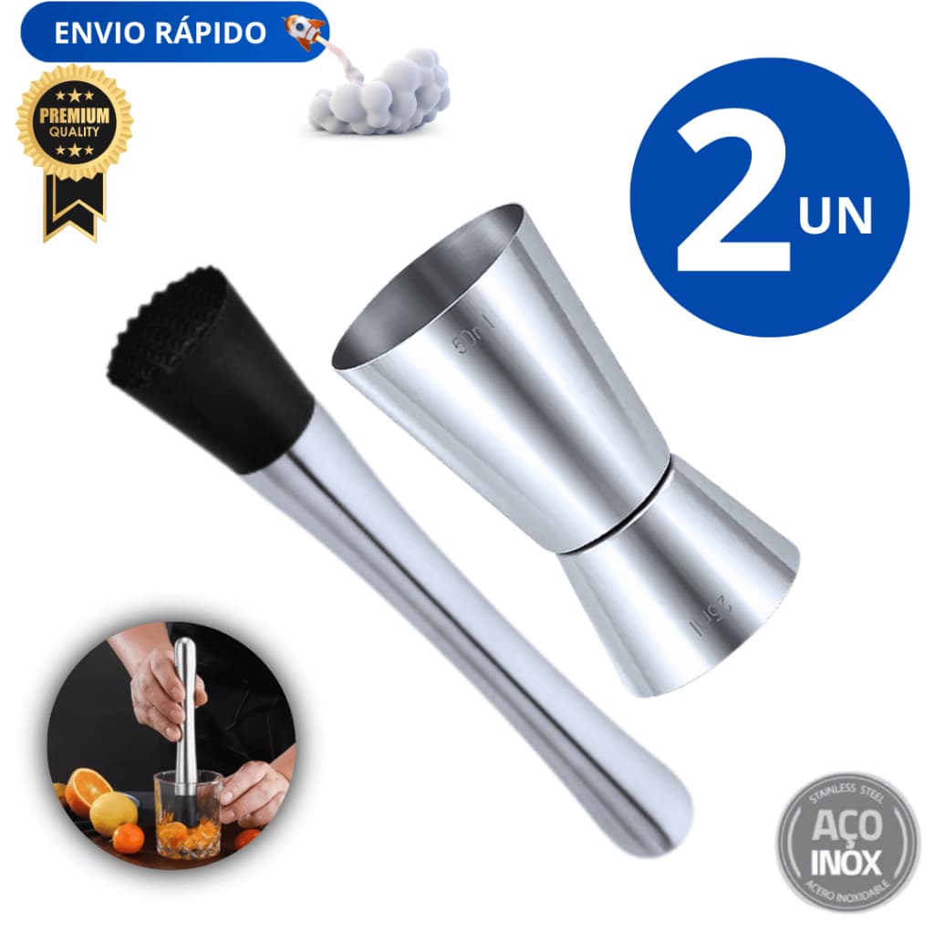 Jogo 2 Peças Socador Macetador De Caipirinha Bebidas Aço Inox 21cm Dosador De Bebidas Duplos Medidor Inox