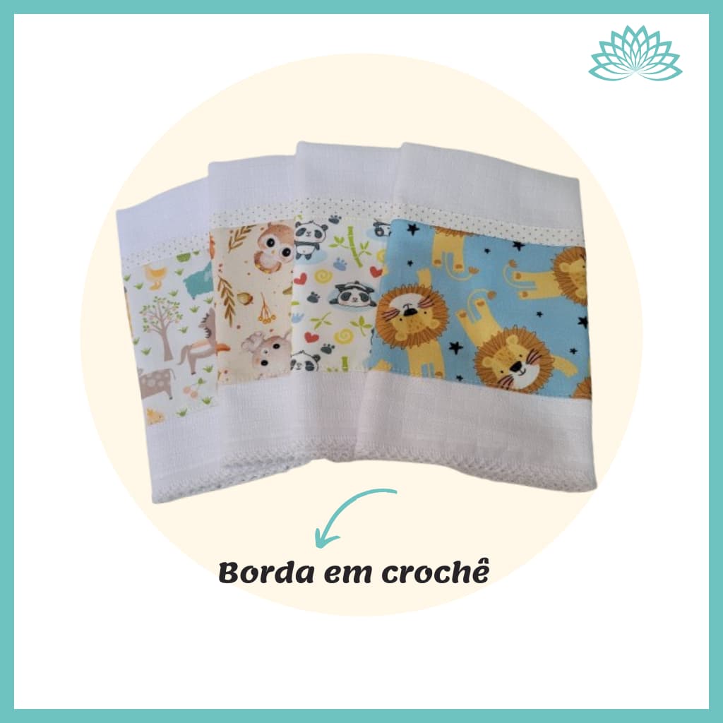 Kit fralda de boca  toalha de boca bebê tecido atoalhado barrado de tricoline 100% algodão e borda em crochê