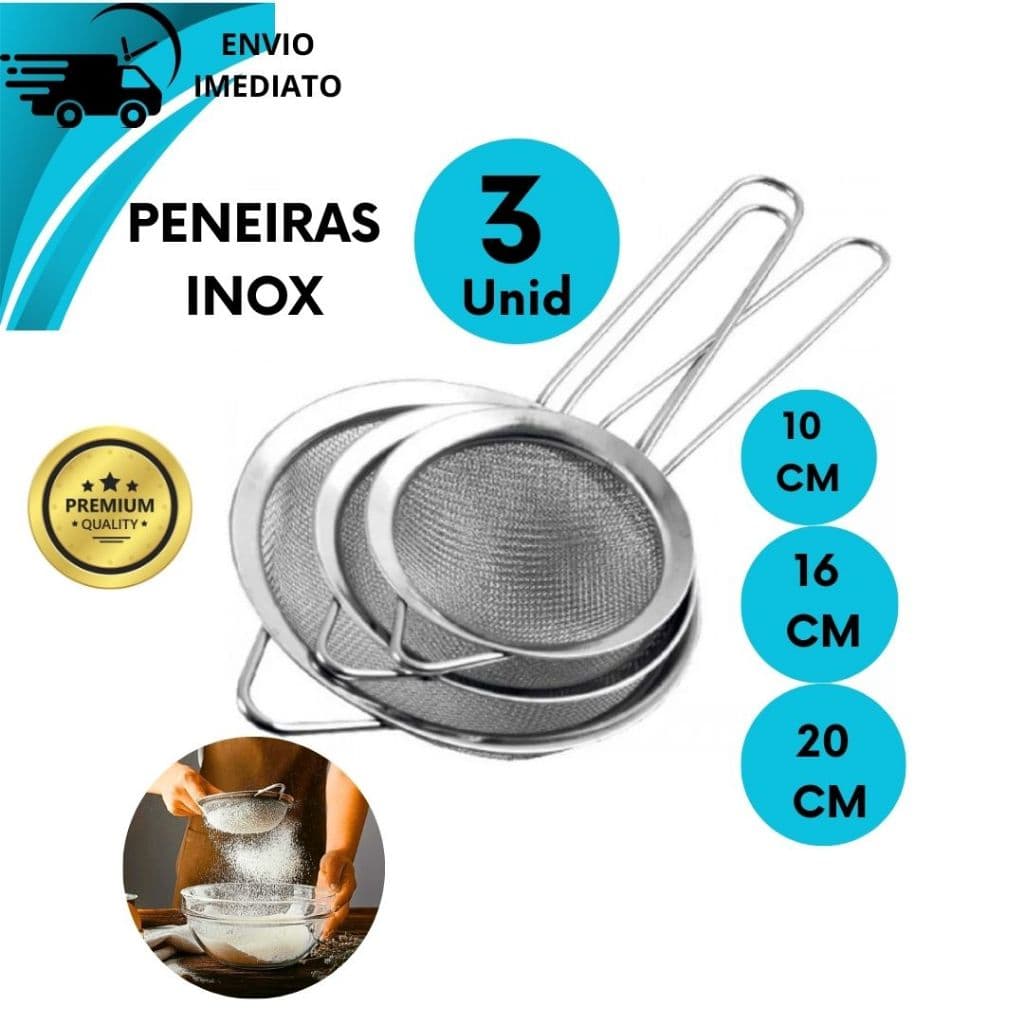 Peneira de Cozinha Inox Pequena Media Grande Ideal Para Coar Peneirar Separar Filtrar
