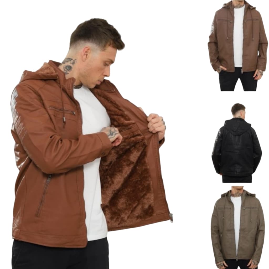 Jaqueta De Couro Masculina Frio Inverno Forrado Com Pelúcia