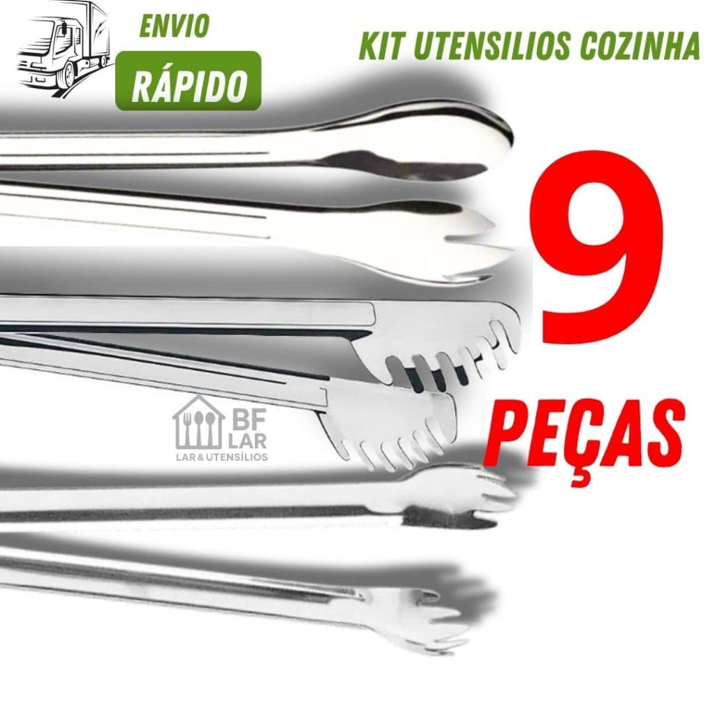 Utensílios Multiuso Inox com 09 peças Pegador de Salada Massa Carne para Bares Restaurante e Cozinha