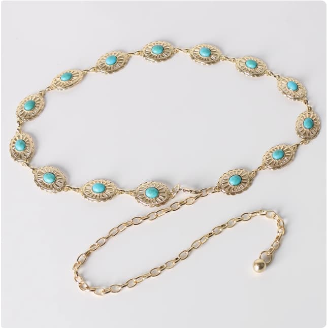 Cinto corrente feminino turquesa oval metal corrente de cintura acessórios decorativos para椭圆绿松石