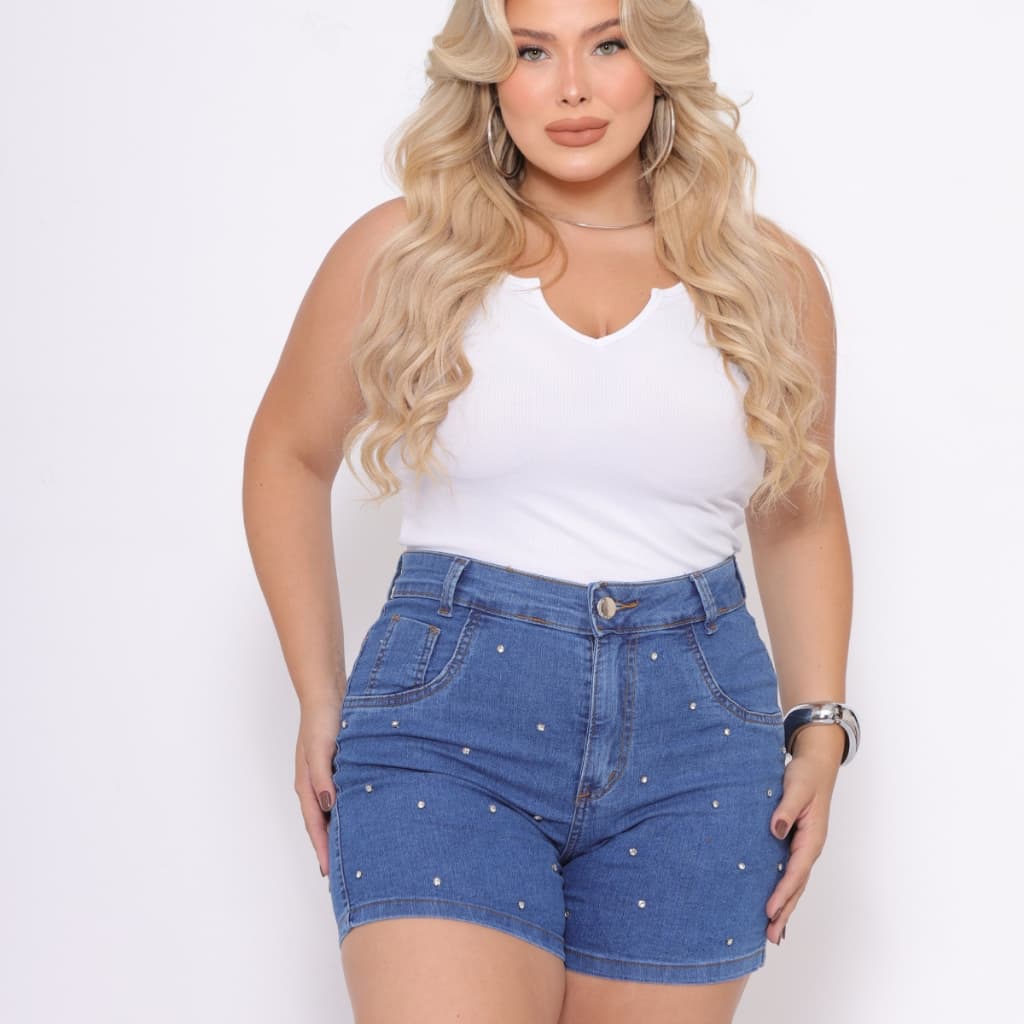 Short Jeans Feminino Plus Size Feminino Com Lycra e Detalhes Brilhantes
