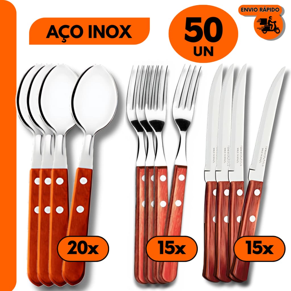 Kit 50- Talher Garfos Facas e Colher Cabo de Madeira Inox Churrasco Bar Restaurante Churrascaria