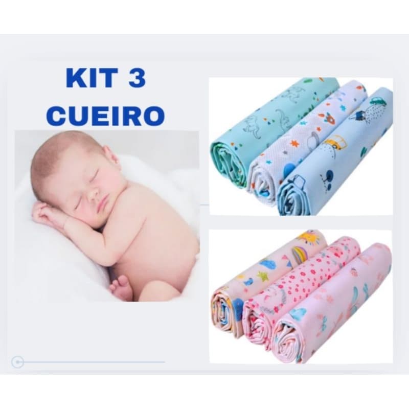 KIT COM 3 UNIDADES DE CUEIRO ESTAMPADO FLANELADO PARA BEBÊ MATERNIDADE
