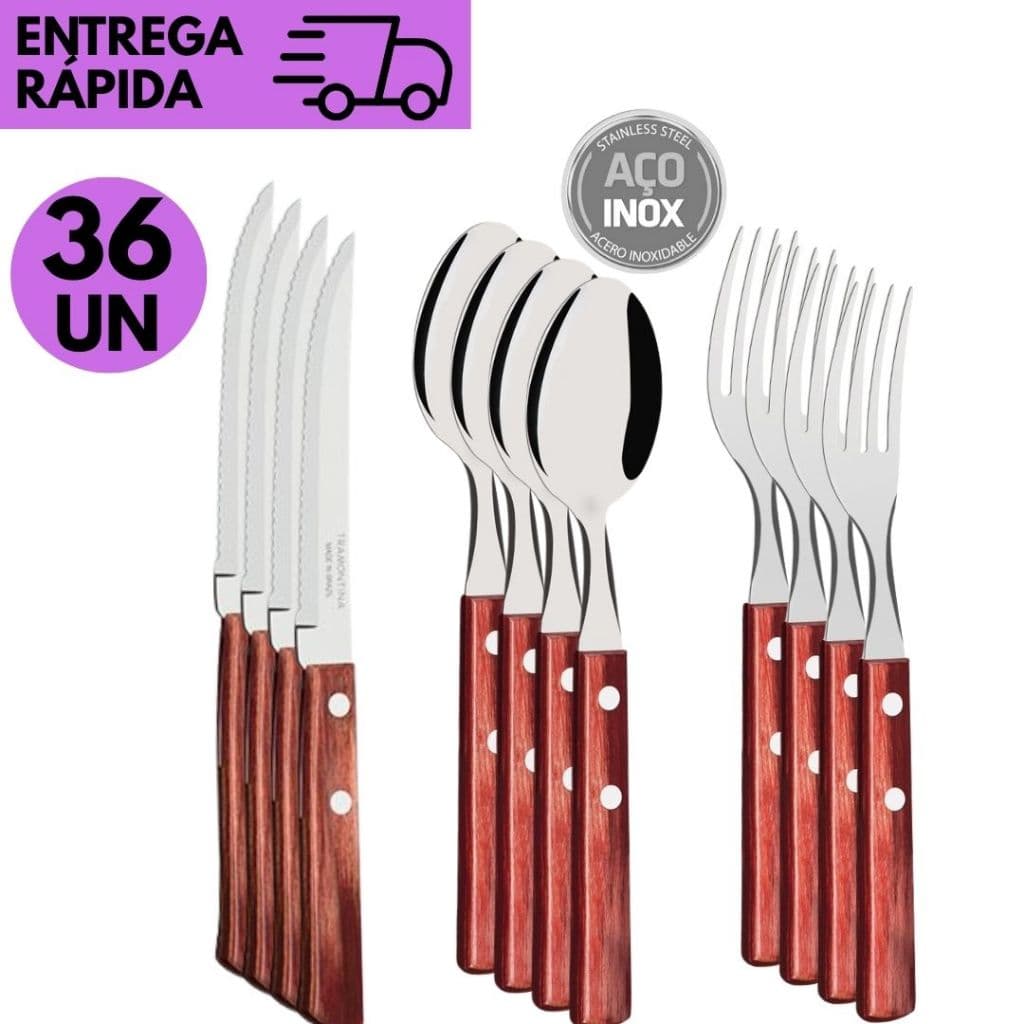 kit 36 ou 12 Talheres Inox c/Cabo de Madeira Faca, Garfo e colher de mesa Refeição Elegante Rústica