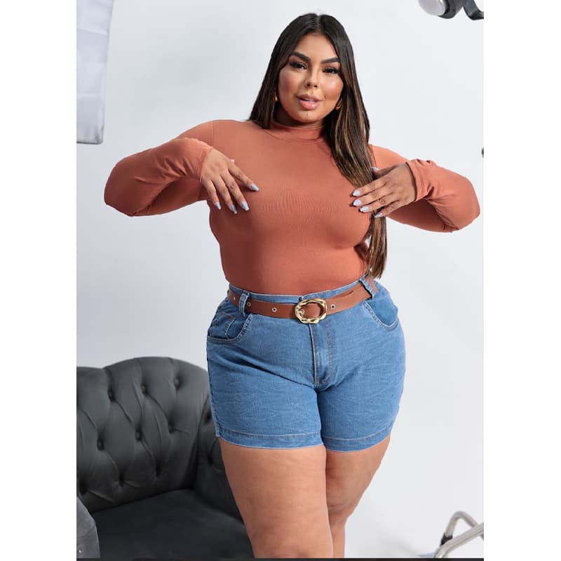 Body Plus Size Manga longa com Gola Alta Feminino Tendência