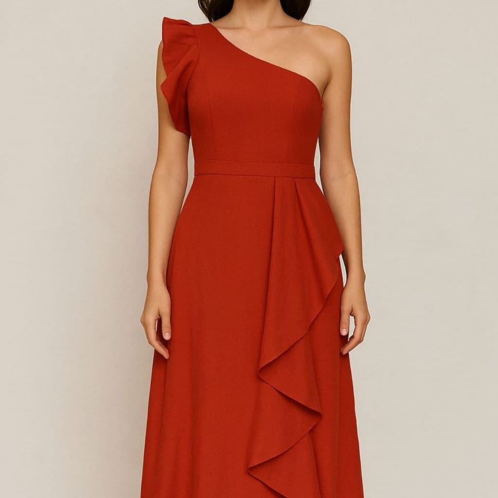Vestido elegante de outono com um ombro só e babados |  vestido longo | vestido marrante  | P 38 M 40 G 42|