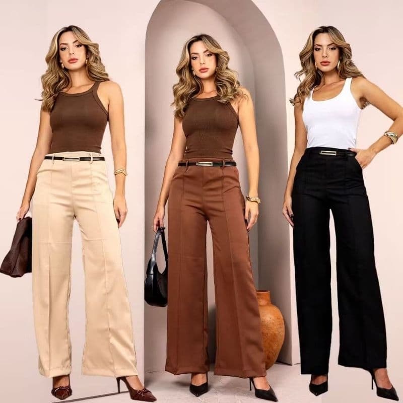 Kit 3 Calças Pantalona Feminina Premium Alfaiataria Elegante Novo Lançamento Com siper na Lateral