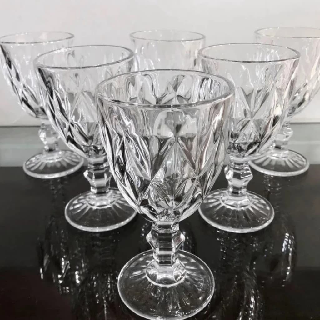 Jogo Kit 6 Taças Diamond Vidro Transparente Conjunto Diamante Para Vinho Suco Água Drinks Buffet